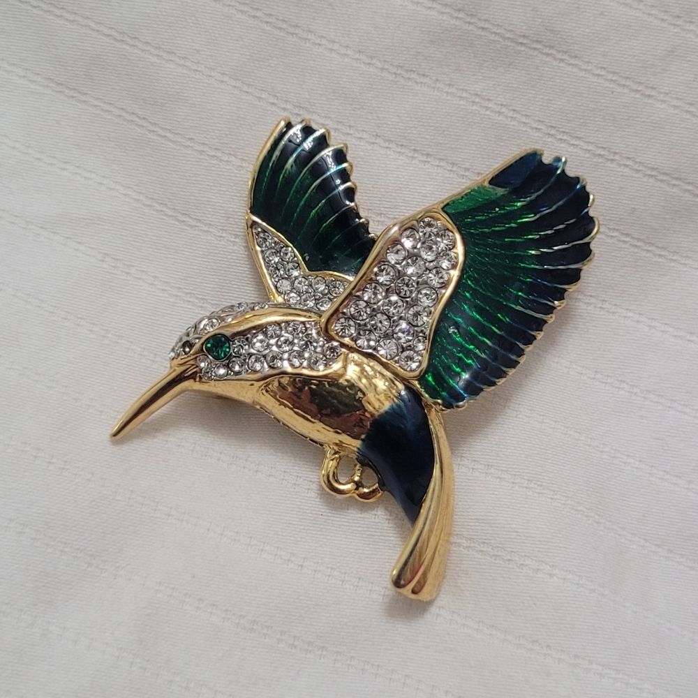Vintage Rhinestone Enamel Hummingbird Ombre Brooch Pin Emerald Green Eyes